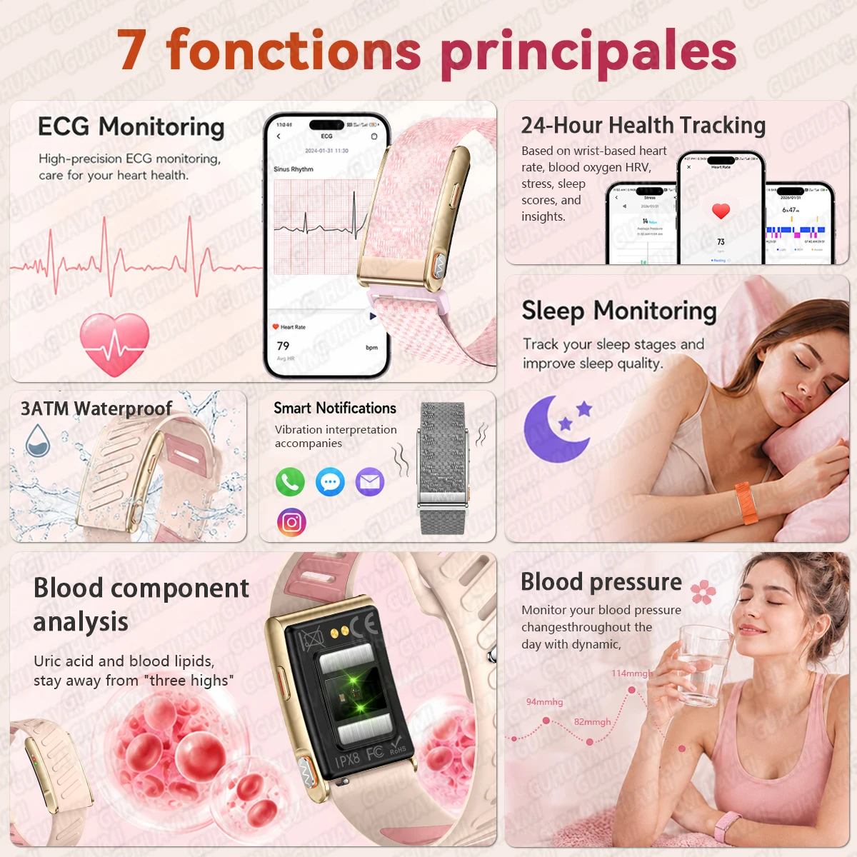 GUHUAVMI Screenless Smart Wristbands Lady ECG+HRV AI Health Monitor Report Blood Pressure Sleep 3ATM Health Smart Bracelet Women