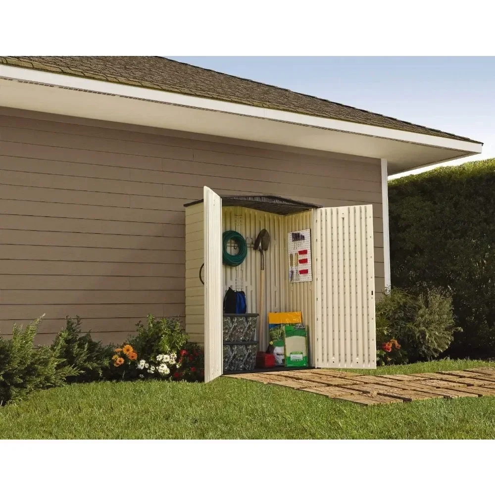 Large Plastic Weatherproof Outdoor Storage Shed with Double Wall Construction for Backyard, Garden, and Patio, Sandstone