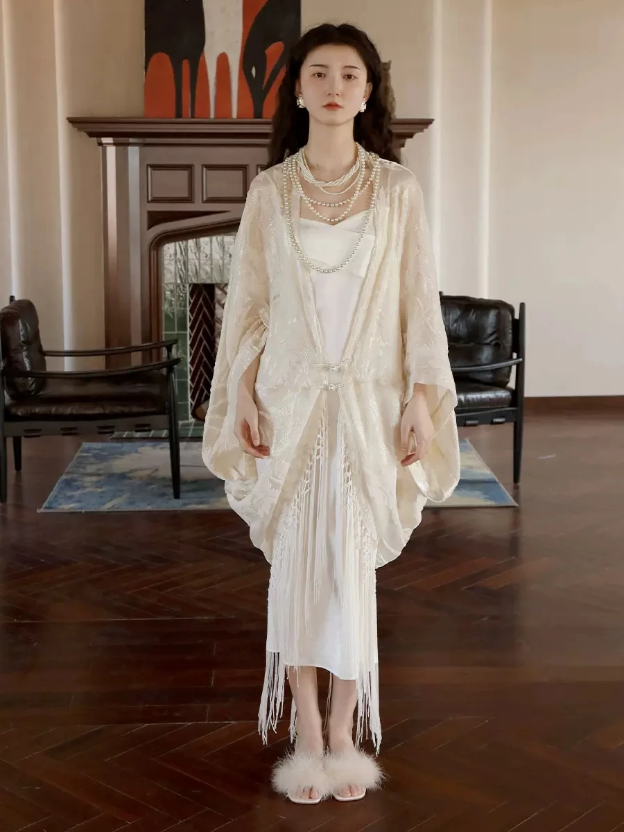 BirdTree, 100%Real Silk Sleeping Robe Sling Dress, Sexy Women Tassels ,Bride French Night-robe Sets, 2024 Summer Autumn S48050QC