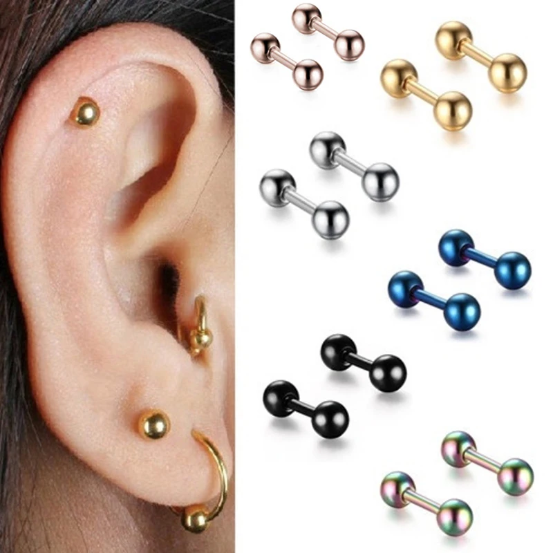 4MM Simple Titanium Steel Bean Earrings Mini Dumbbell Ball Earrings Screen Spiral Cartilage Perforated Ear Jewelry