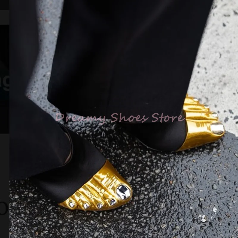 

Gold Five Toe Slip On Stiletto Slippers Women Mixed Colors Split Toe Mules Slippers Sexy Luxury Party Banquet Lady Summer Sandal