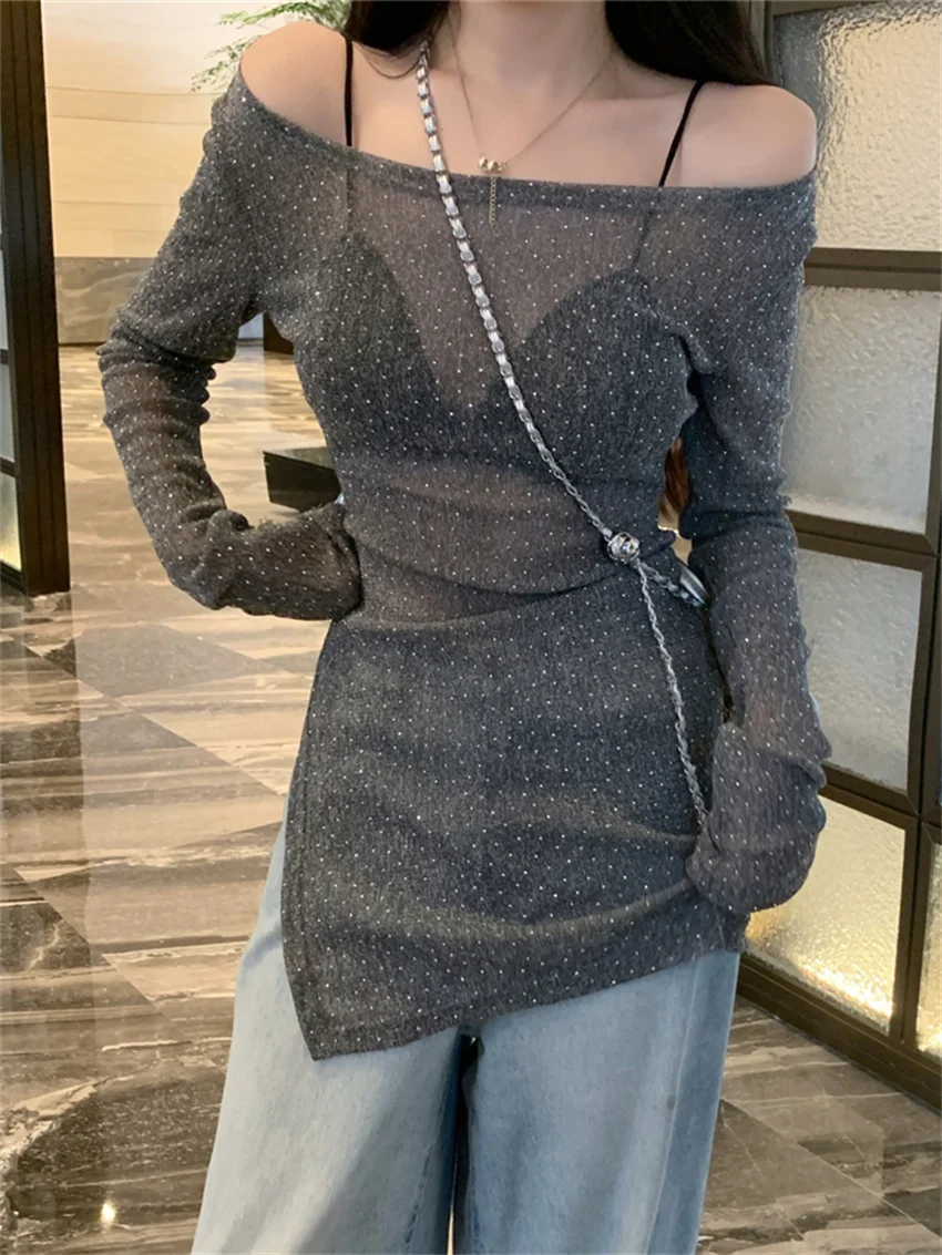 PLAMTEE 2024 Summer Tees Office Lady Sweaters Slash Neck Hollow Out Women Casual New Knitted Loose Daily Full Sleeve Sunscreen