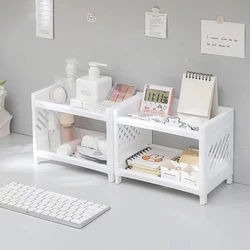 1PC PP Desktop Double Layer Storage Rack Rectangular White Organizing Student Desk Office Cosmetics Stationery