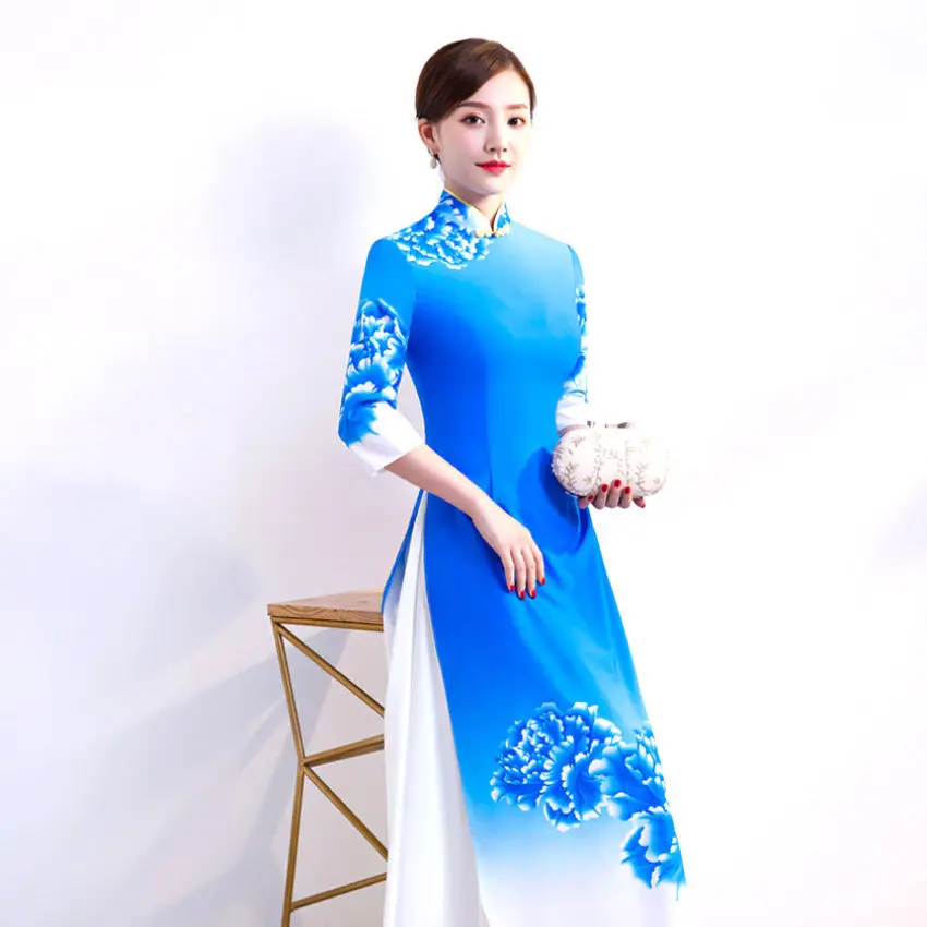 

Performance Costume Long Cheongsam Catwalk Team Uniform Vietnam Ao Dai Retro Chinese Traditional Qipao Dress Evening For Women