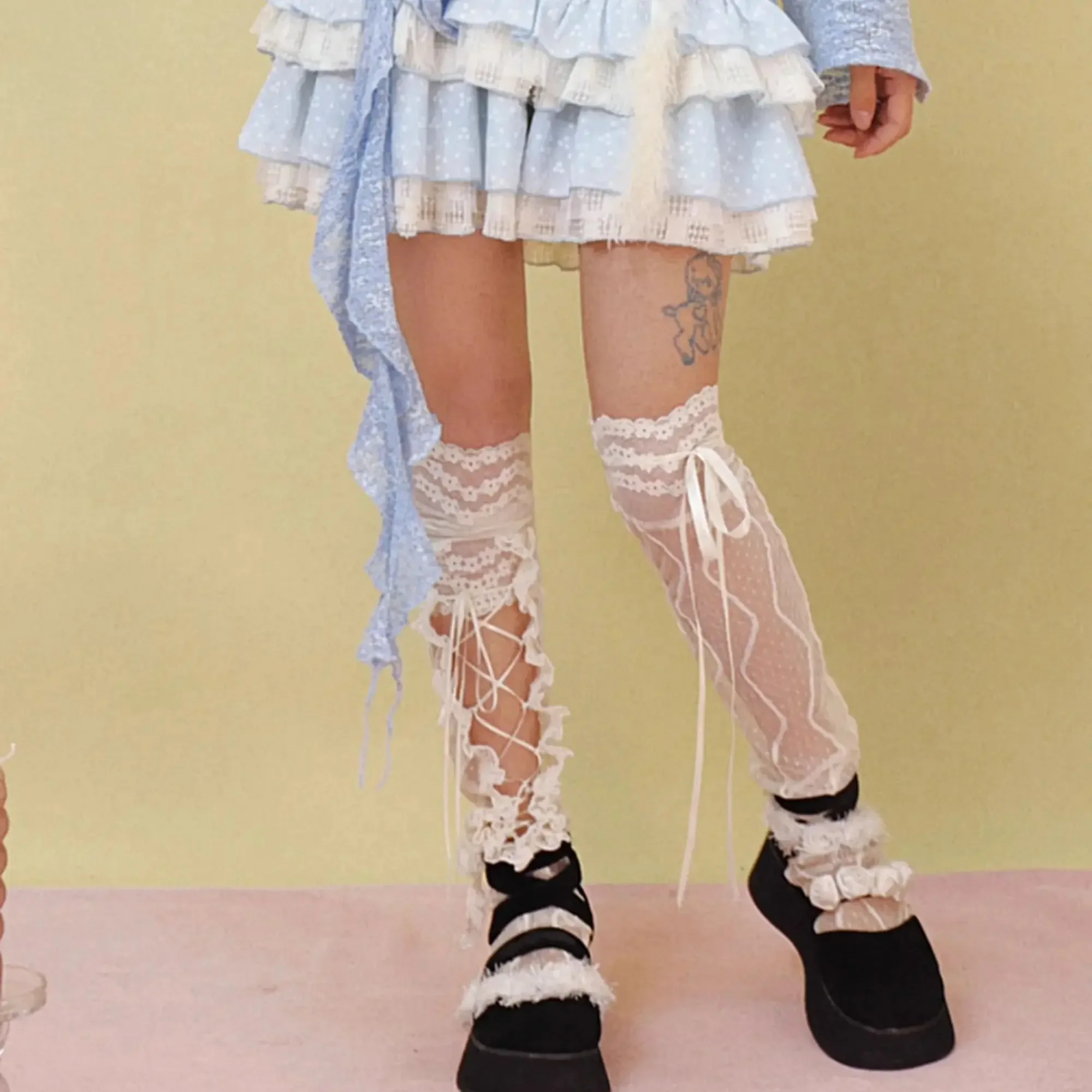 Harajuku Lace Knee Sleeve Socks Subculture Sweet Kawaii Mesh Lace-up over the knee Skinny Leg Socks White