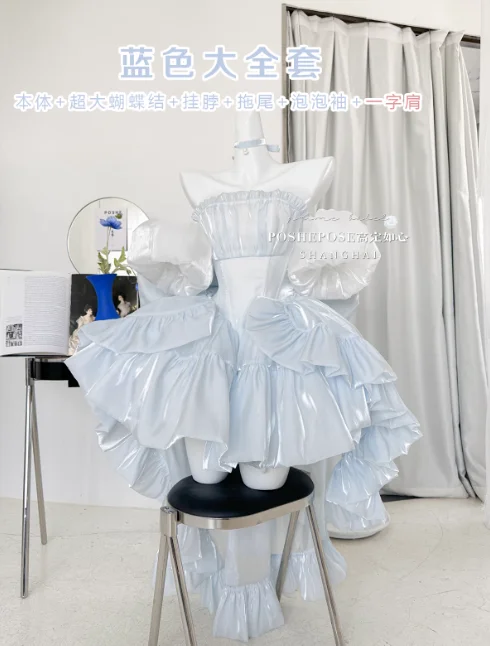 فستان قصير مثير مكشوف الكتفين للنساء فستان أميرة لوليتا لامع عصري مع فيونكة كبيرة الحجم + ذيل + رقبة رسن #2