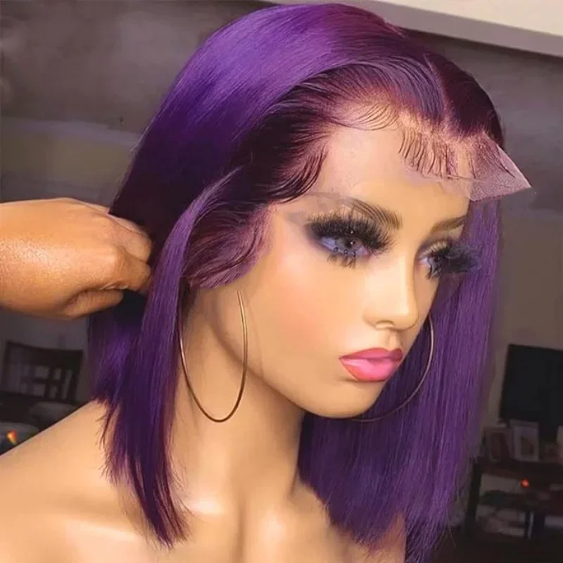 ﻿   パープルショートコスプレ13x4レースフロント人毛ウィッグ生え際加工済み人毛100%高品質女性用人毛ウィッグ