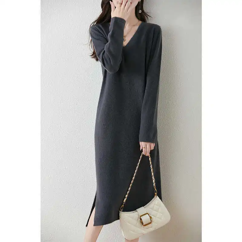 

Knee Length Pullovers Black Sweaters Jumpers Women Deep Neck Longline Work Preppy-Style Ladies Effortless Bottoming-Shirt Trendy