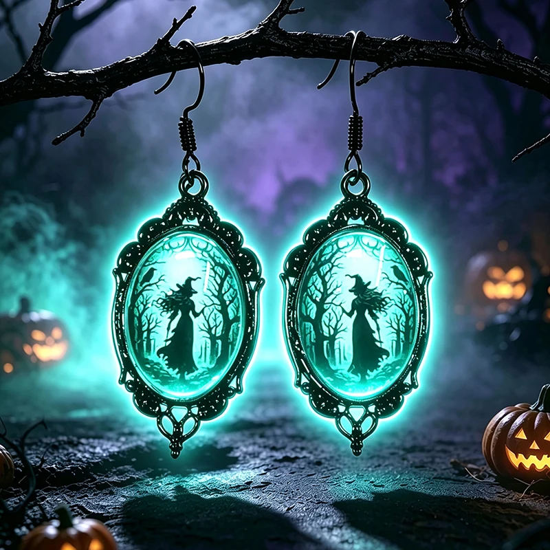 Gotische leuchtende Fledermaus-Krähen-Glas-Ohrhänger, Vintage-Schmuck aus schwarzem Metall für Damen, Halloween-Party-Accessoire – Detail 3
