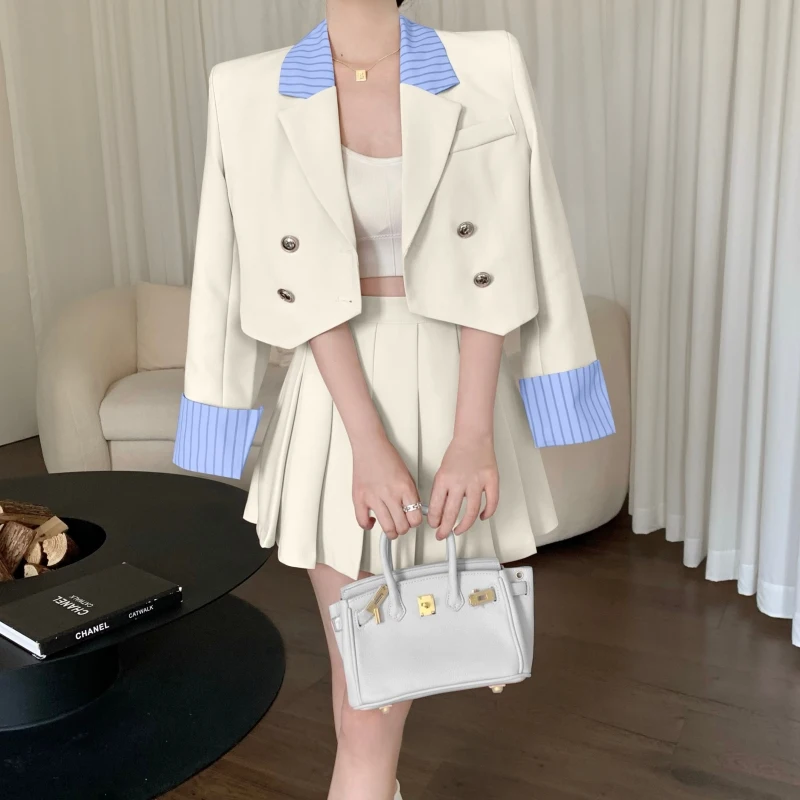 Tops Solid Color Office Suit 2 Pieces Set Temperament Premium Stripe Color Blocking Jacket High Waist Pleated Skirt Women Suit