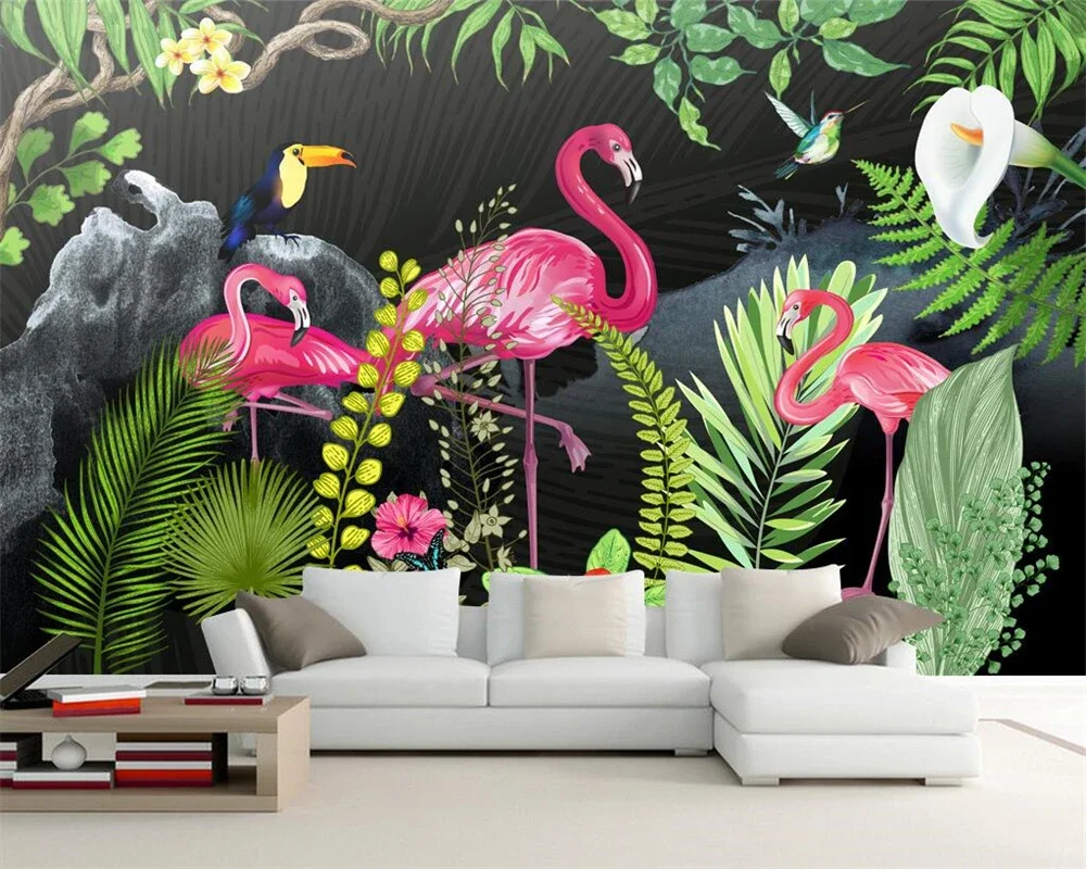 Custom size wallpaper Tropical plant leaves Flamingos mural home decor Children's room cartoon background wall 3d wallpaper