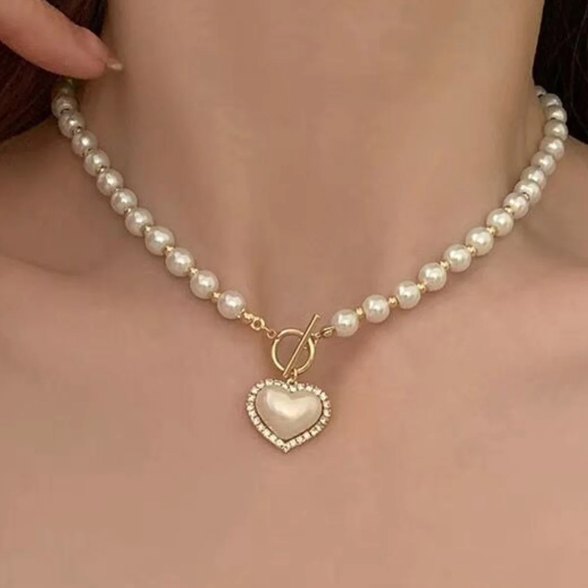 1PC Women\'s Fashion Imitation Pearl Peach Heart Pendant Necklace Jewelry Suitable for Date, Party, Festival Gift