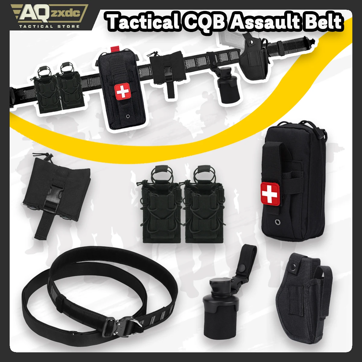 AQ Wargame Beginner Belt Set with Glock Holster, 5.56, 9mm Mag Bag & Folding Sundries Bag & BB Bullet Storage Bag & Medical Bag