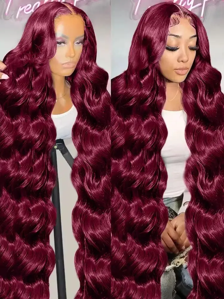 

Парик из натуральных волос 99J Burgundy Body Wave с кружевной передней частью, красный бордовый парик 13x4/13x6 HD Lace Front, предварительно выщипанный, для женщин, плотность 200%