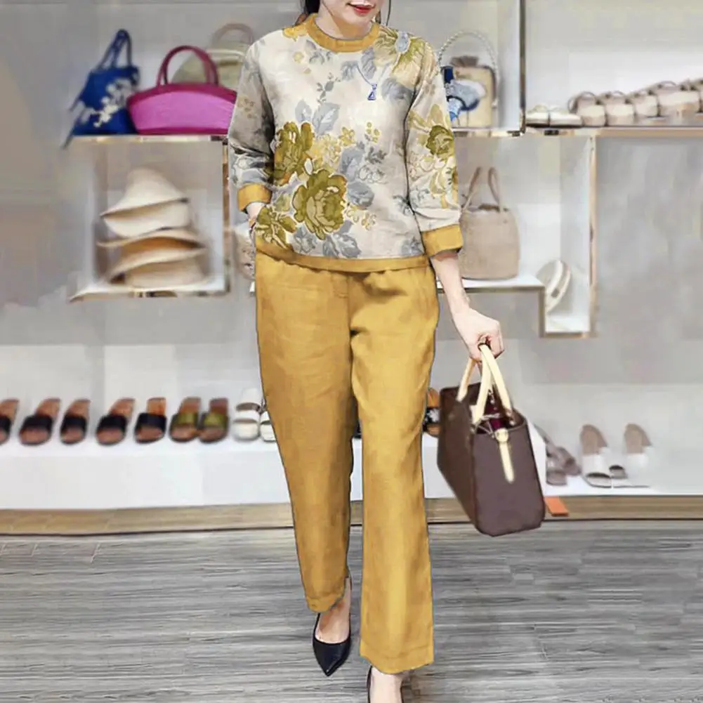 المرأة س الرقبة طويلة الأكمام بلوزات و السراويل المستقيمة دعوى ، القطن الكتان وتتسابق ، فضفاضة طباعة مجموعة ، الركاب أنيقة موضة ، مستقيم