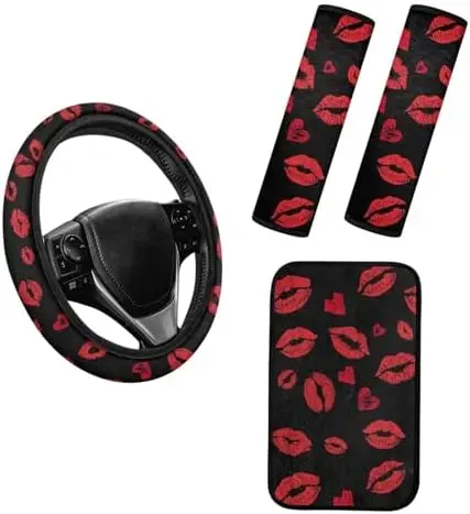

SEANATIVE Red Lips 4-Piece Car Interior Warmth Set – Steering Cover, Armrest Pad & Shoulder Strap Covers
