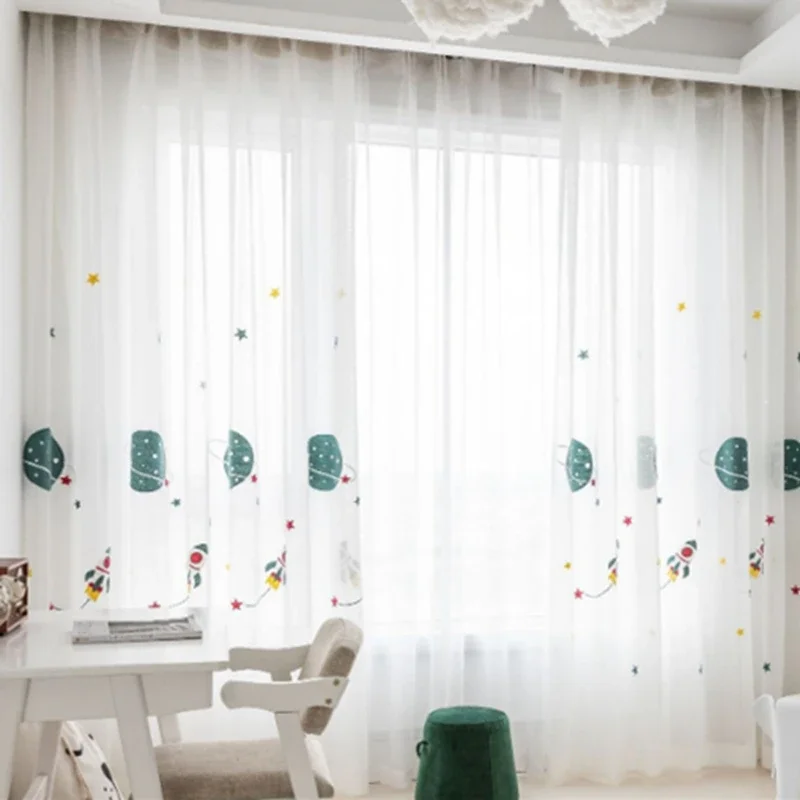 Cartoon Outer Space Rocket Embroidered Voile Curtain For Kids Bedroom Living Room Sheer Window Drapes Luxury Children Tulle 20D3