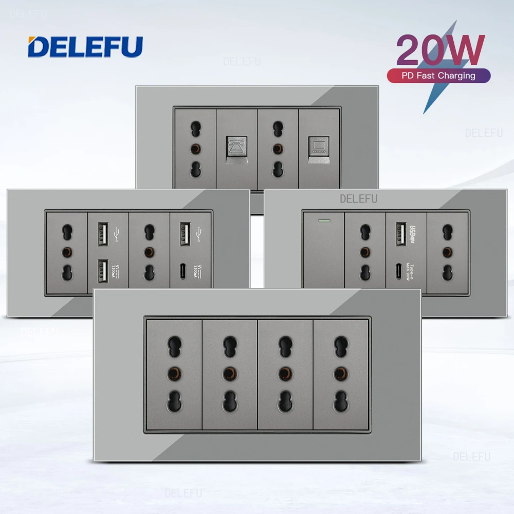 

Стеклянная панель DELEFU SC70, 145 мм, серая, итальянская стандартная USB C-типа, настенная розетка для быстрой зарядки, переключатель для телевизора, телефона CAT5 CAT6