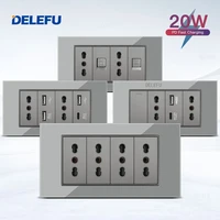 DELEFU Panel de vidrio SC70 145mm gris italiano estándar USB tipo C interruptor de enchufe de pared de carga rápida TV teléfono CAT5 CAT6
