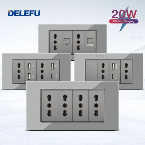 DELEFU Panel de vidrio SC70 145mm gris italiano estándar USB tipo C interruptor de enchufe de pared de carga rápida TV teléfono CAT5 CAT6