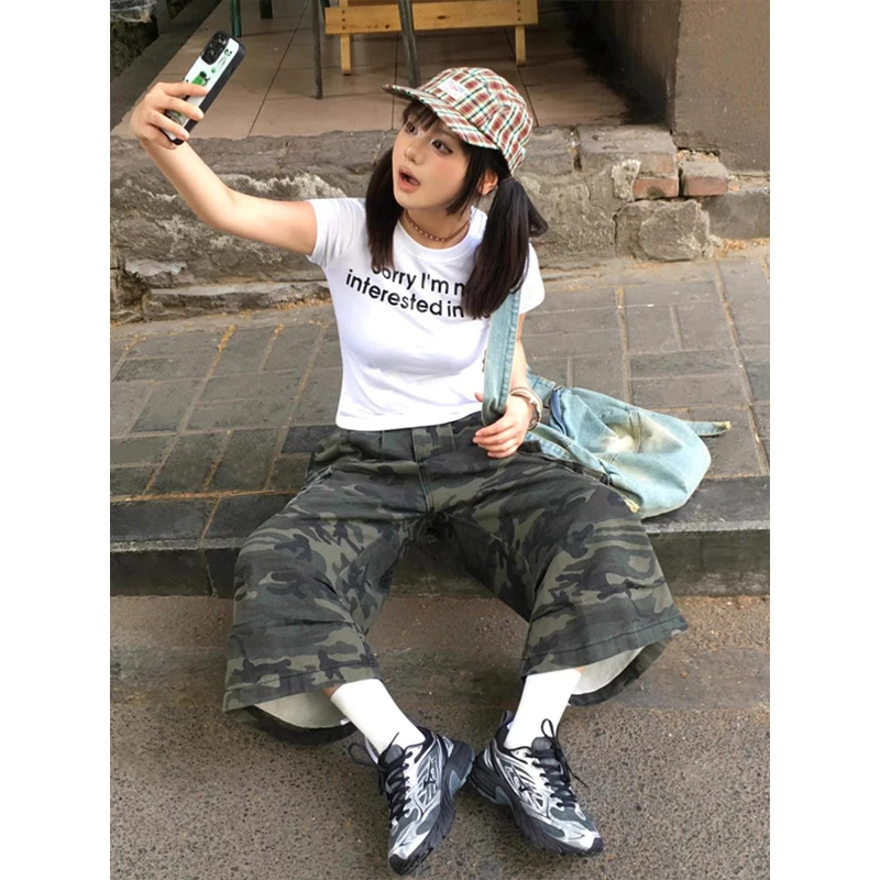 2000s Retro High Waist Camouflage Jeans Women Pockets Hip-Hop Shorts 2024 Summer Casual Y2k Grunge Street Washed Denim Shorts