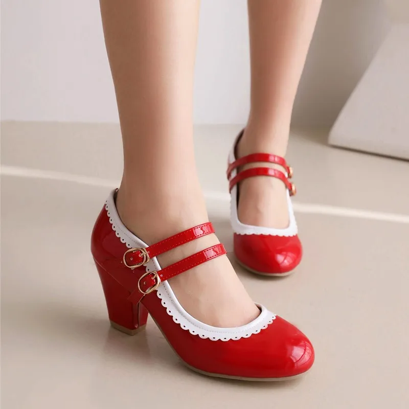 New Fashion Women Lolita Mary Jane Shoes Pink Gril Casual Round Toe Sweet Ankle Strap Party Pumps Brogue Shoes Larger Size 47 48