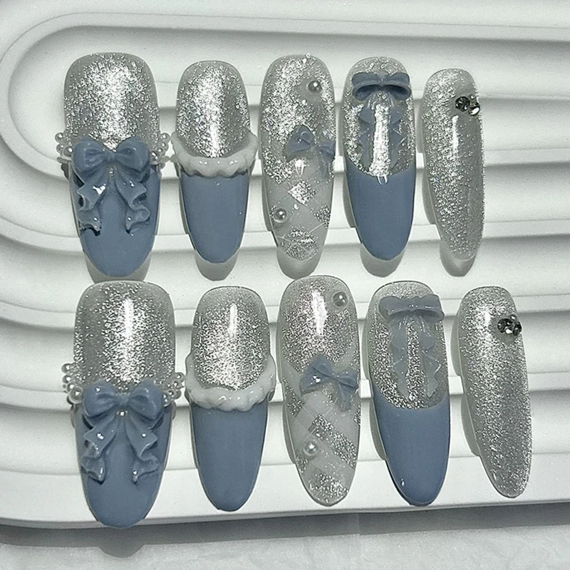 10 ชิ้นหวานแฟนตาซีสดสีเงินละเอียดอ่อนเงางามมือกดเล็บสาวมุกโบว์ฝรั่งเศสเล็บปลอมถอดออกได้นำมาใช้ใหม่