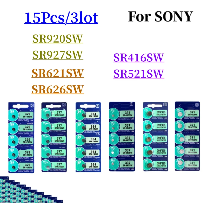 15pcs For Sony 337 SR416SW 364 SR621SW 371 SR920SW 377 SR626SW 379 SR521SW 395 399 SR927SW Batteria