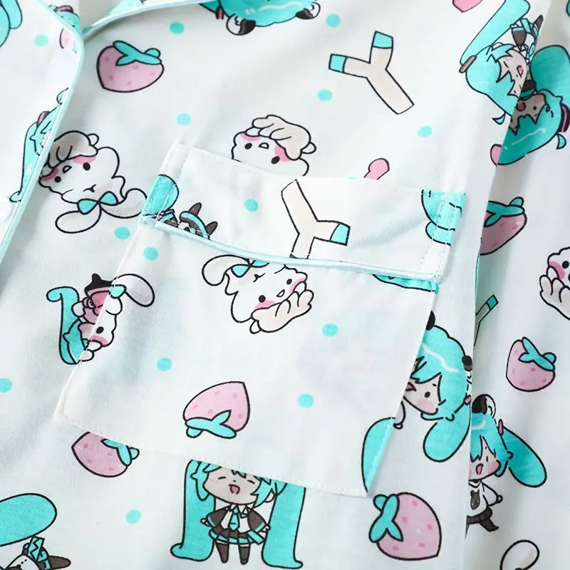 2Pcs Kawaii Anime Hatsune Miku Girs Pajamas Set Sleepwear Cartoon Print Lapel Leisure Loose Long Pants Home Pajama Gift for Fans