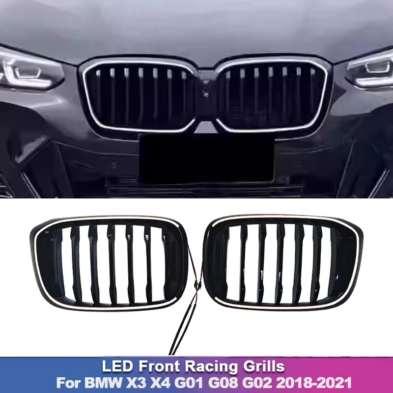 

LED Front Kidney Grille For BMW X3 X4 G01 G02 G08 2018-2021 Warm Yellow Light Car Racing Grille Auto Accessories