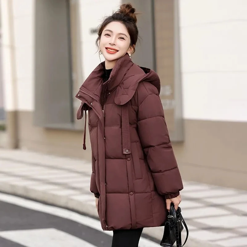 Black Down Cotton Jacket Women 2026Winter New Korean Edition Loose Down Parker Hooded Coat Female Cold Resistant Parker Overcoat