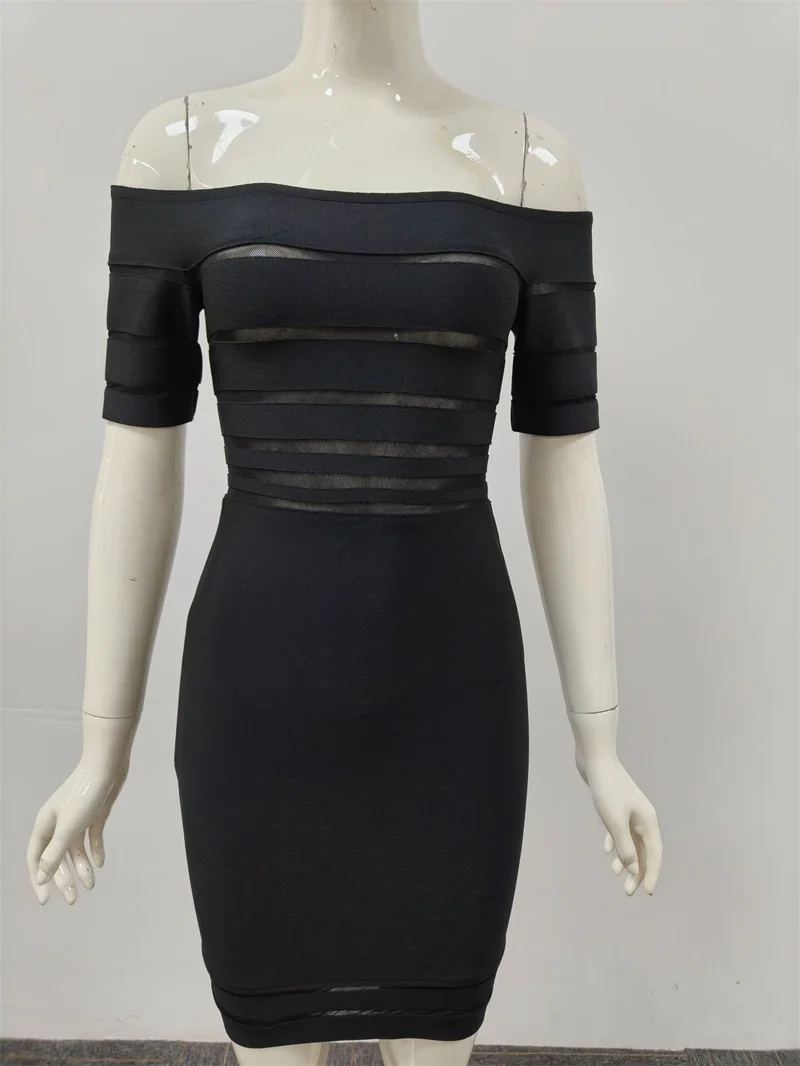 Czarna sukienka bandażowa na studniówkę, seksowna, z odkrytymi ramionami, krótkie rękawy, długość do kolan, elegancka, na wesele, jesienne przyjęcie, suknia wieczorowa.