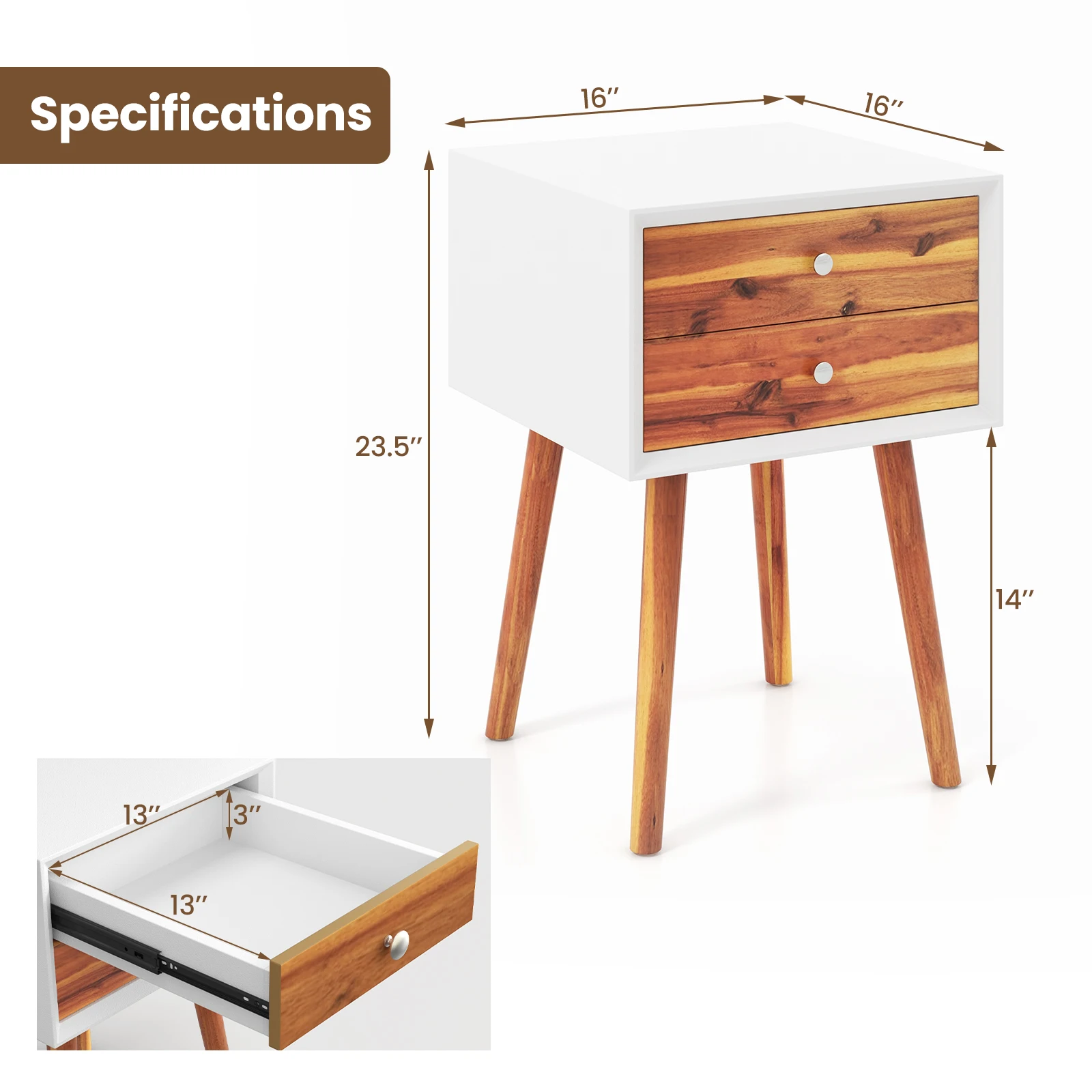 2PCS 2-drawer Nightstand Multifunctional Bedside Storage Table Wooden Bedroom