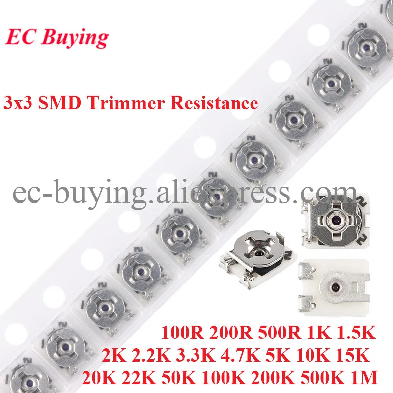 Potenciómetro de resistencia de recortador SMD, resistencia Variable ajustable 100, 200, 1K, 2K, 5K, 10K, 20K, 50K, 100K, 200K, 500K, Ohm, 3x3, 10