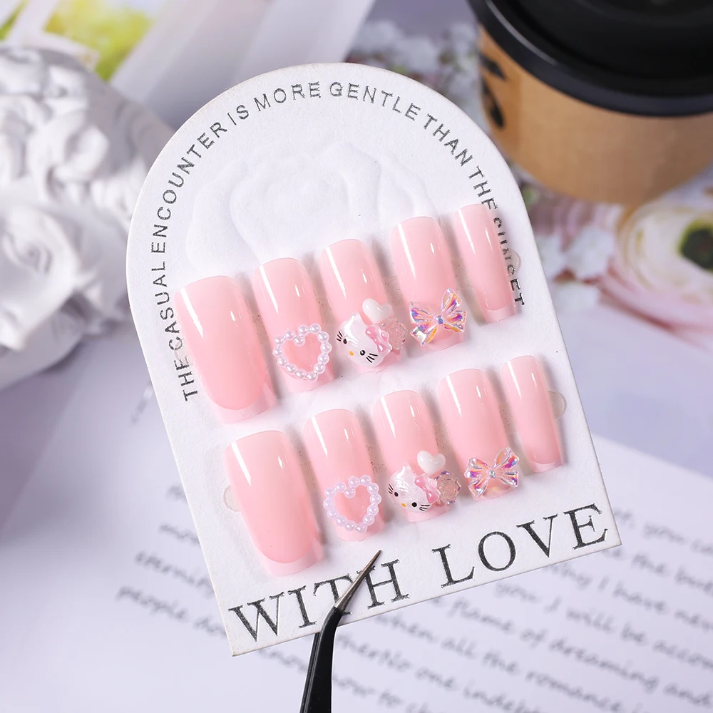 24 قطعة الوردي الفرنسية لطيف الكرتون Hellokitty اضغط على الأظافر متوسطة مربع الأبيض الحب كاميليا مسمار التصحيح هلام مسحوق القوس أظافر وهمية