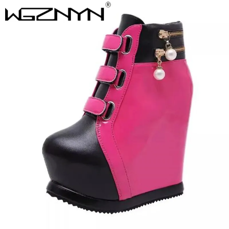 Luxury Wedges Shoes for Women Ankle Boots Mujer Thick Bottom Pearl Sexy High Slope Aurumn Winter Shoe Ladies Platform High Heels