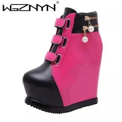 Luxury Wedges Shoes for Women Ankle Boots Mujer Thick Bottom Pearl Sexy High Slope Aurumn Winter Shoe Ladies Platform High Heels