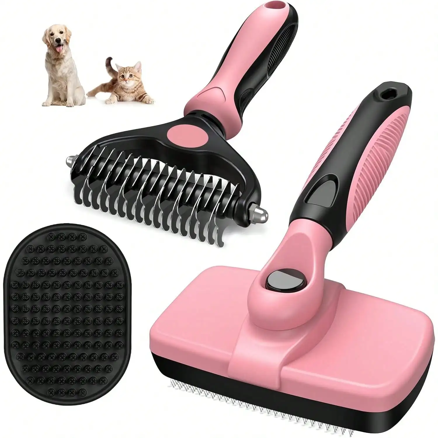 

3PCS Self-Cleaning Slicker Brush, Pet Grooming Rake & Bath Brush For Dogs, Cats And Horses | Double-Sided Dematting Comb, Skin-Friendly Deshedding Grooming Tool | Premium Pet Supplies (Green Black)