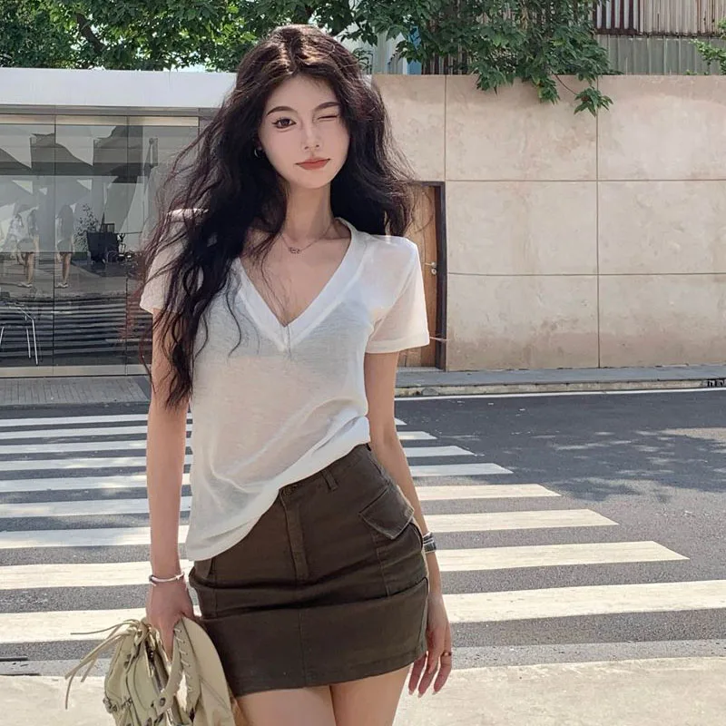 Lucyever White V-Neck Short Sleeve T Shirt Women Sexy See Through Thin Summer Tee Tops Female Casual All-Match Street T-Shirts