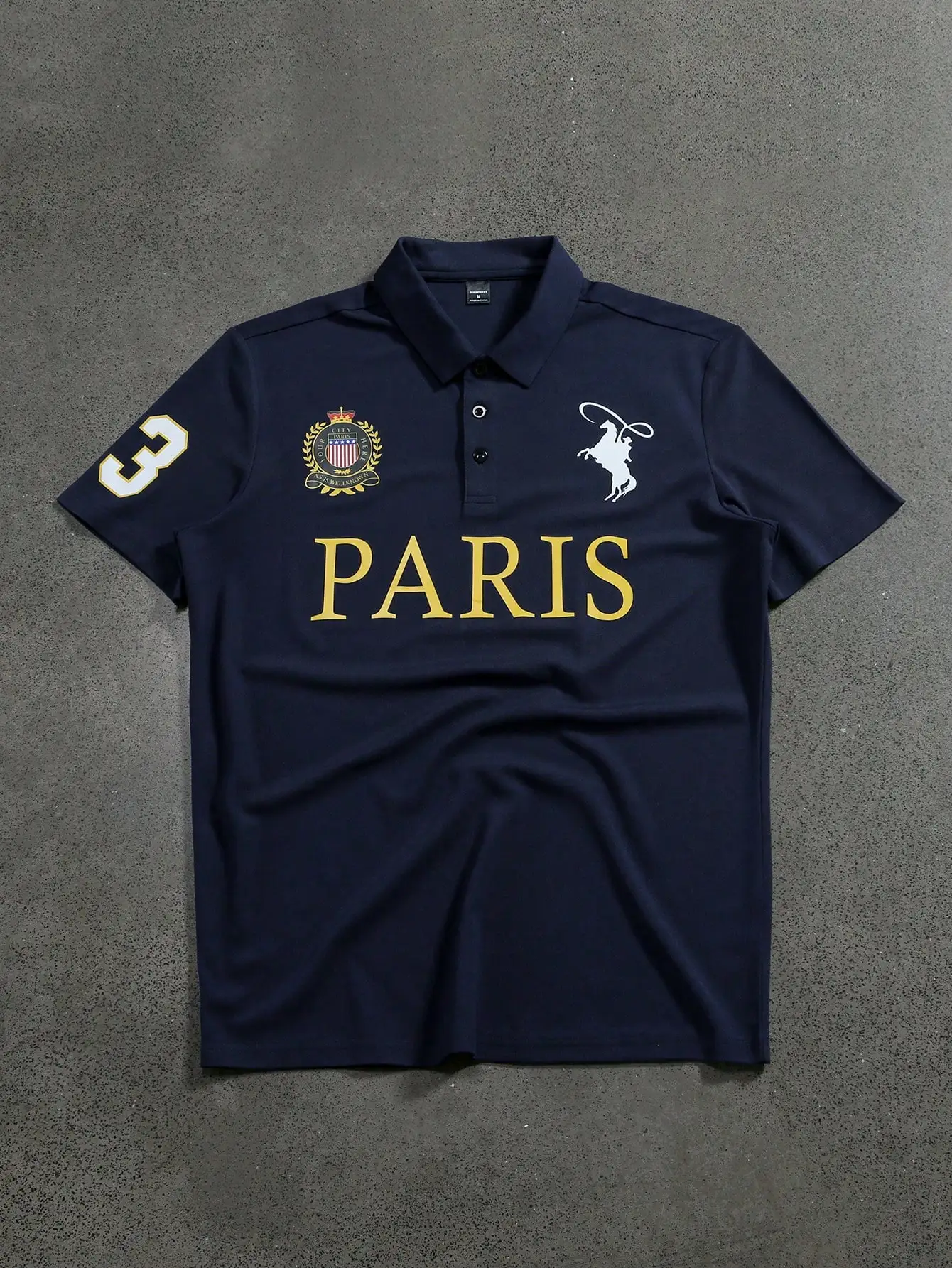 

Navy Blue Men's Short Sleeve Polo Shirt with Graphic Print and Number