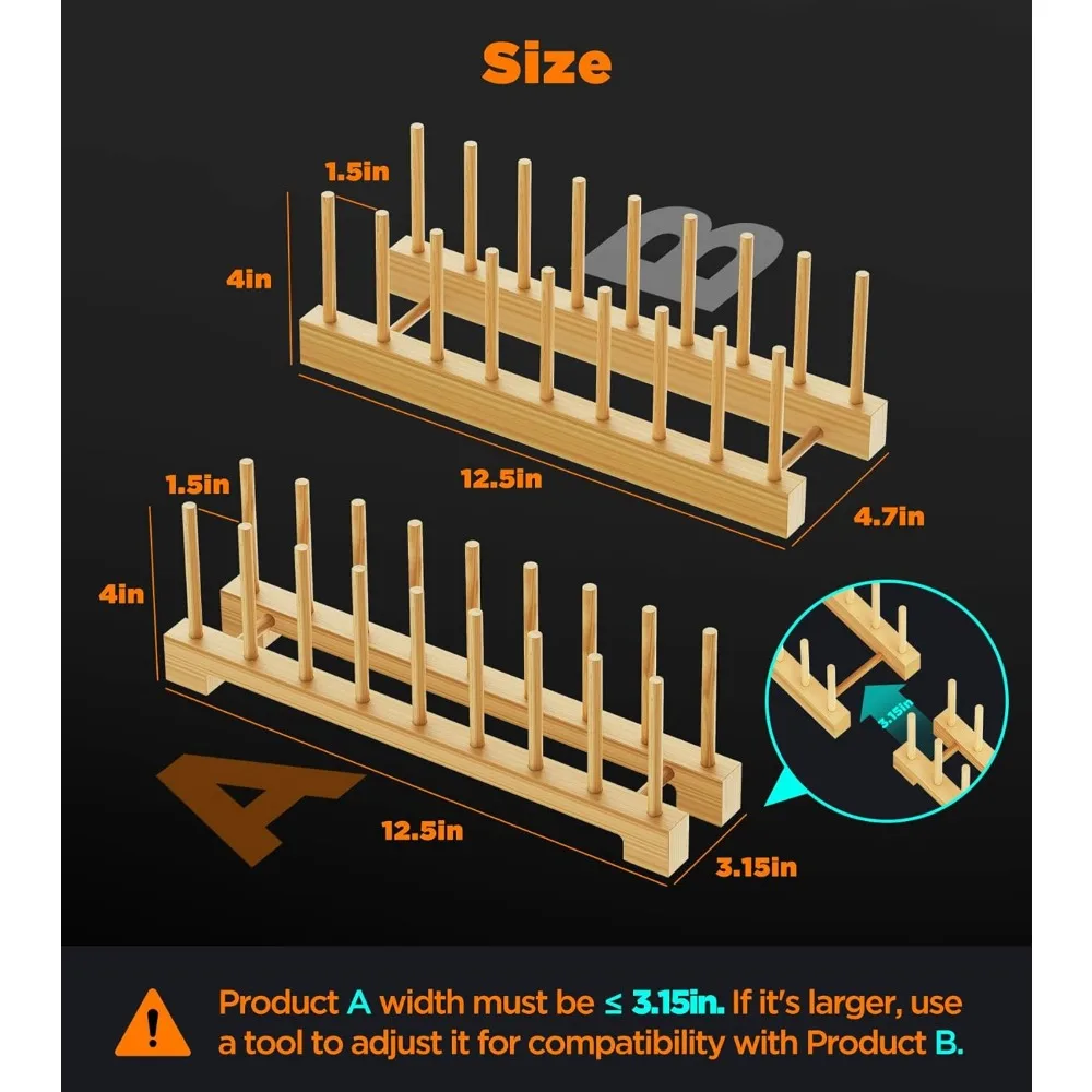 Conjunto de 2 cremalheiras de secagem de prato de bambu, organizador de placa ajustável para armário, economia de espaço para pratos, tigelas, copos, tampas de pote e corte