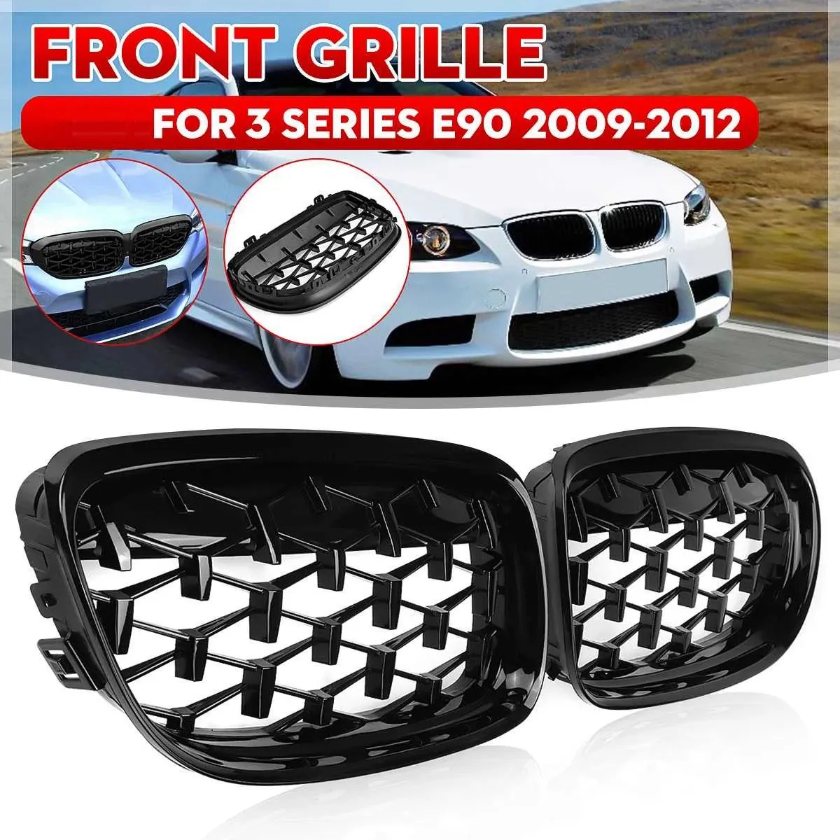 2Pcs Car Front Bumper Hood Kidney Grille Diamond Meteor Racing Grill Glossy Black for -BMW 3 Series E90 2009-2012