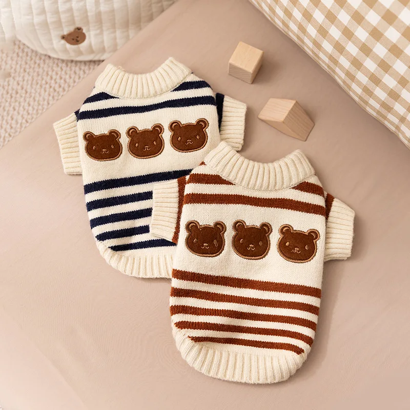 

Puppy Winter Clothing Bears Embroidered Bichon Frise Sweater Schnauzer Winter Warm Clothes Pet Sweet Striped Knitted Sweater