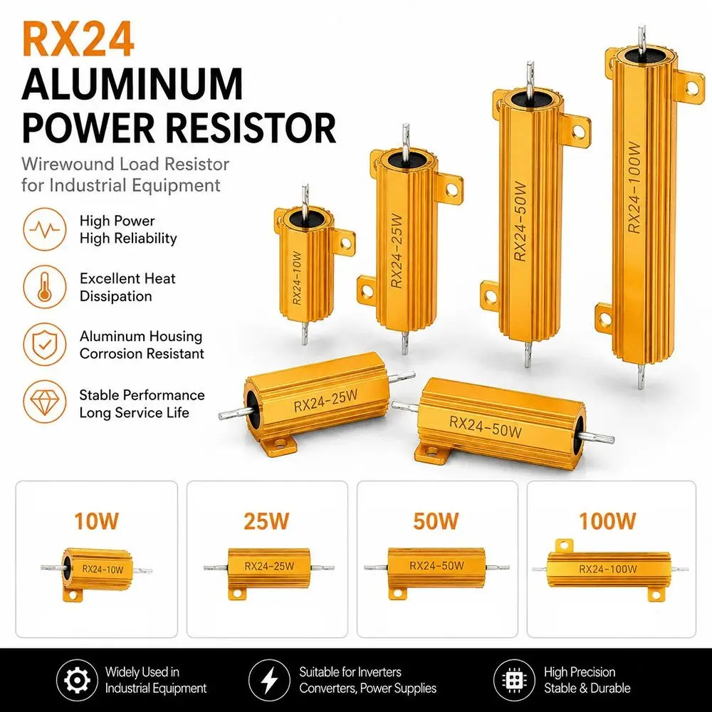 1Pcs 50W RX24 Aluminum Power Resistor 0.1-10ohm Wirewound Metal Shell Resistor Aluminum Shell High Insulation