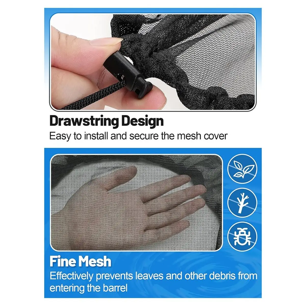 Mesh Cover for Rain Bucket 2 Pack,39in Rain Bucket Netting with Drawstring,Fine Mesh Water Bucket Tank Protector Screen