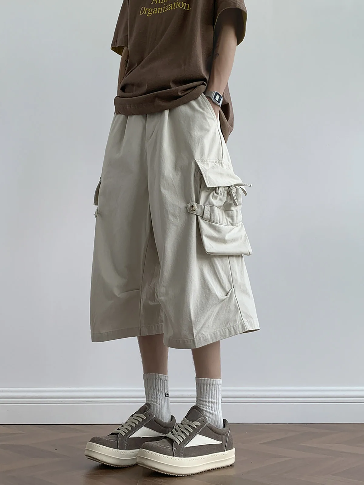 American Style Pleated Wide Leg Workwear Shorts Men Loose Summer Slim Straight Washed Seven-Quarter Pants Casual Trousers