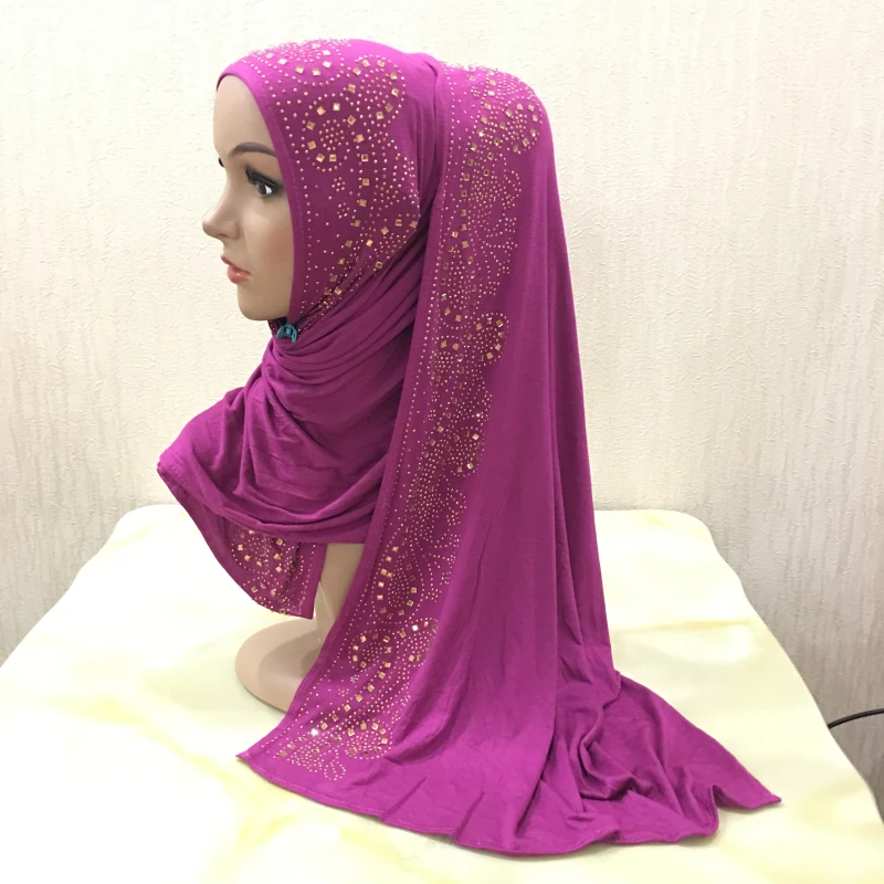 H099 high quality soft jersey scarf with stones pull on modal headscarf women's hijab islamic female shawl headwrap