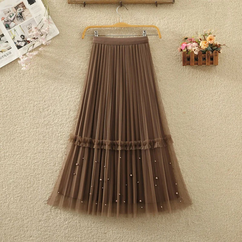 

Long Pearl Beading Tulle Skirt Women 2024 Spring Summer Elastic High Waist Mesh Skirt Female Fashion Party A-Line Skirt Lady