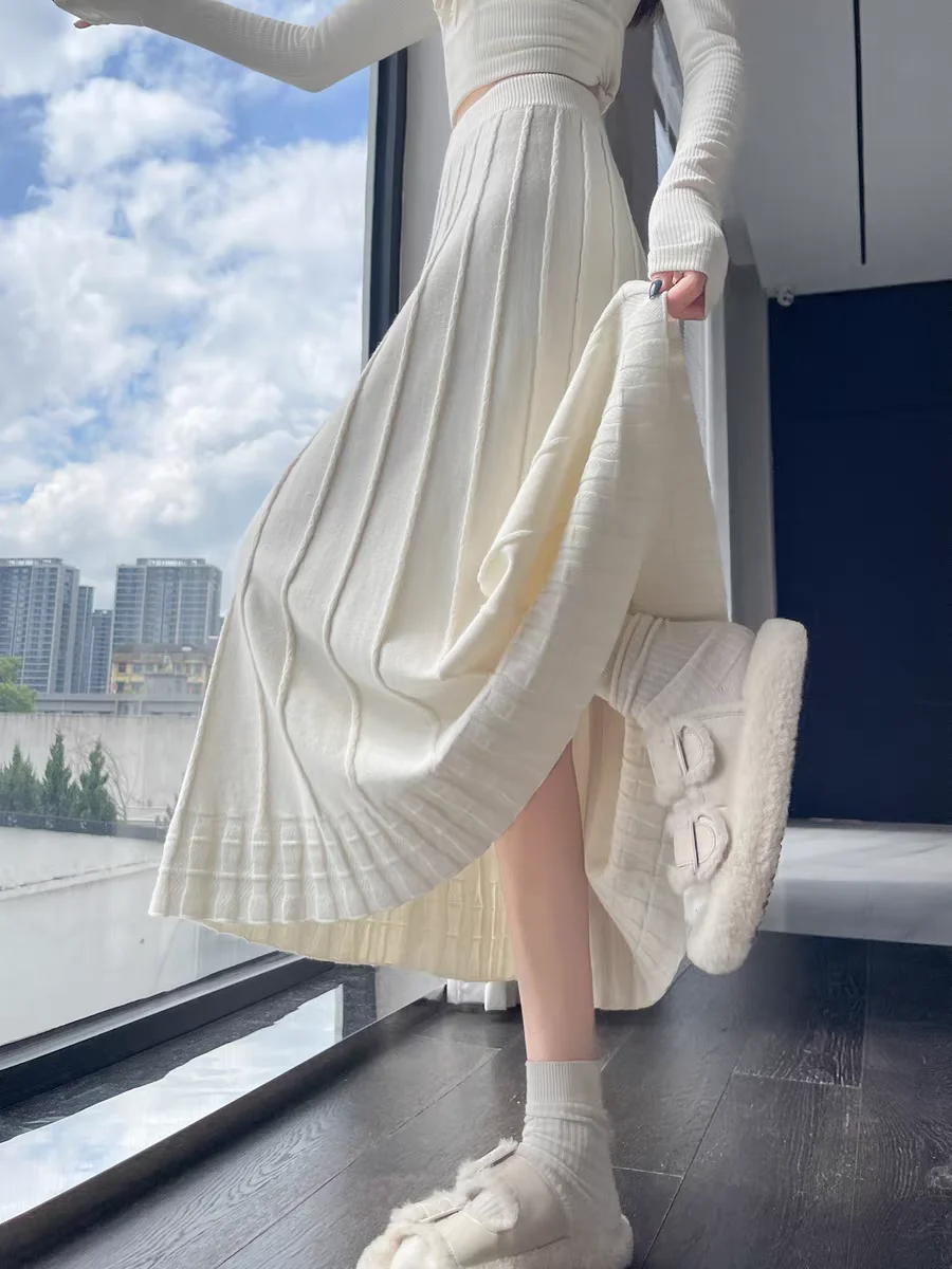 

Soft Knit Midi Skirt: High Waist Fluid Drape Skirt Women, French Flared Pleated Skirt Fall 2025 Tummy Control Chic