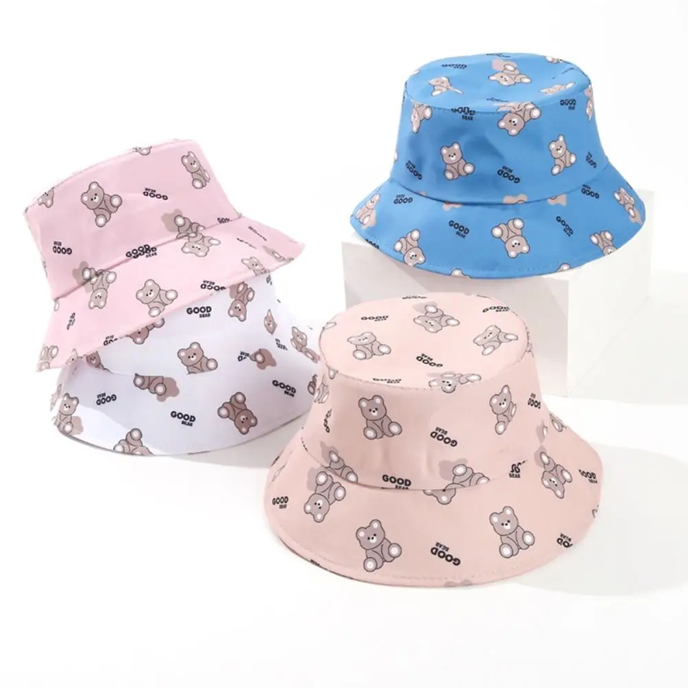 

Cute Bear Print Bucket Hat Cartoon UV Protection Panama Hat Cotton Sun Cap Kids